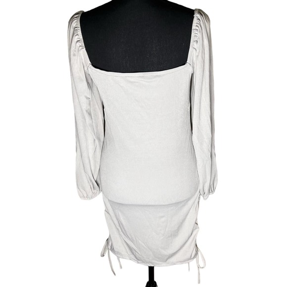 Women Long Puff Sleeve Low Cut Neck Ruched Backless Bodycon Mini Dress - Picture 2 of 3